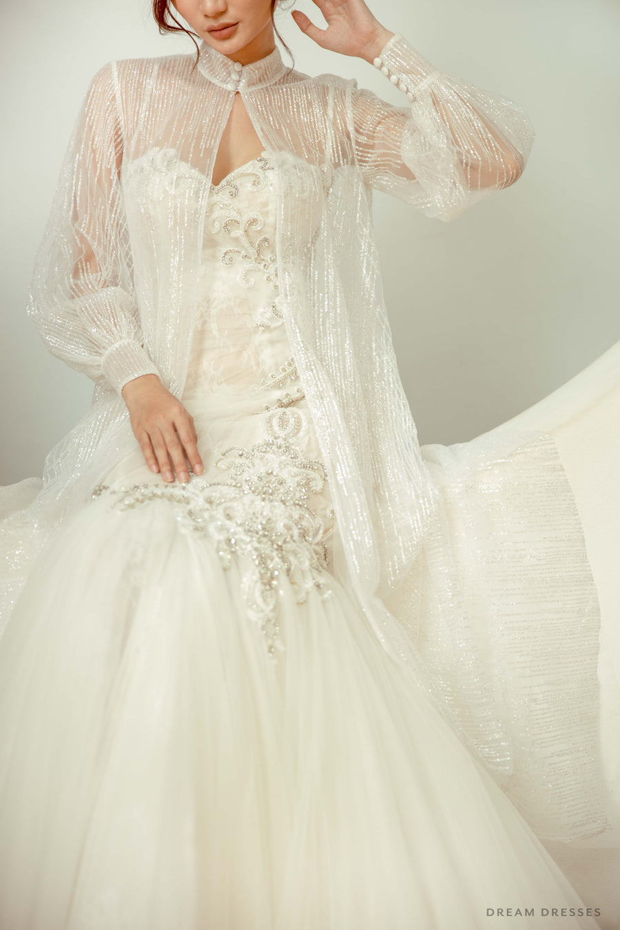 Long Sleeves Bridal Cape with Glittery Tulle (#CARLLA) - Dream Dresses by P.M.N.
