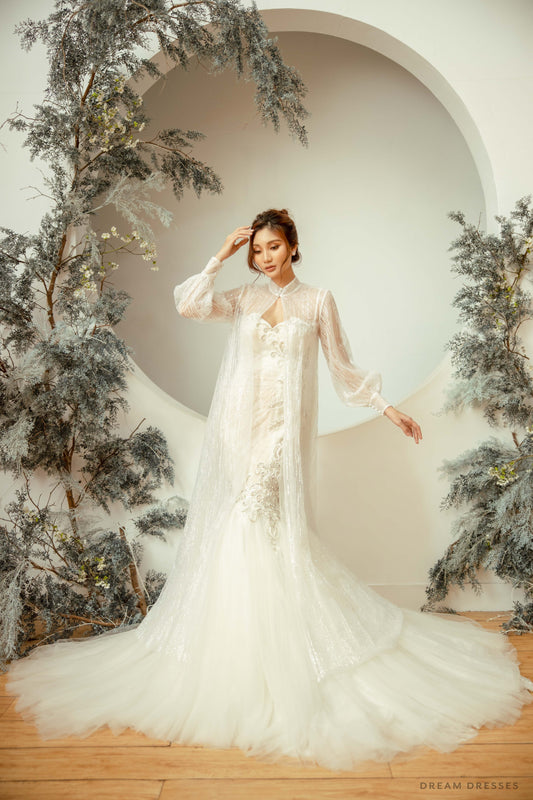 Long Sleeves Bridal Cape with Glittery Tulle (#CARLLA) - Dream Dresses by P.M.N.
