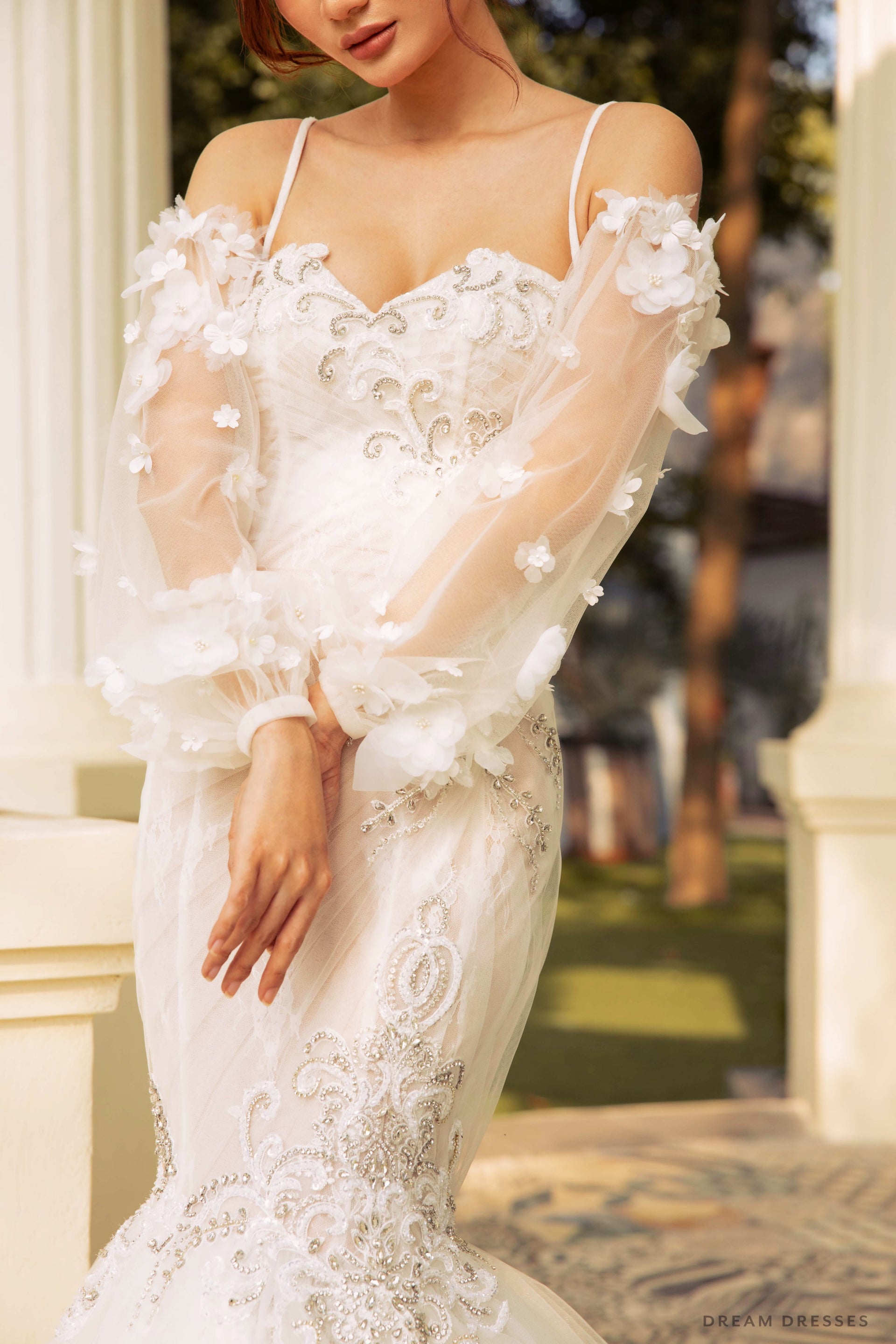 long sleeve floral applique wedding dress Andrea and Leo
