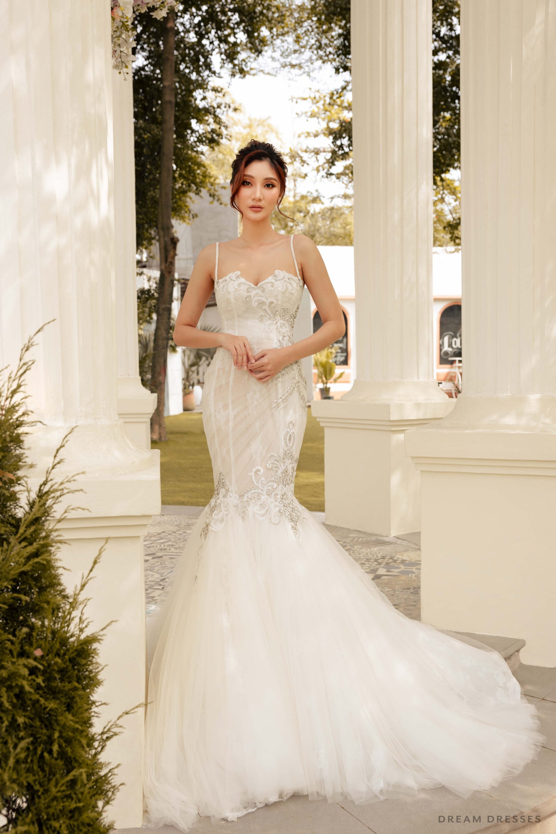 trumpet wedding dress lace Low Back Plunge Beaded Floral Lace Trumpet Wedding Dress