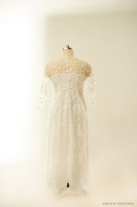 White Lace Bridal Ao Dai | Lace Vietnamese Traditional Bridal Dress (#CHICHI) - Dream Dresses by P.M.N.