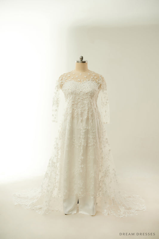 White Lace Bridal Ao Dai | Lace Vietnamese Traditional Bridal Dress (#CHICHI) - Dream Dresses by P.M.N.