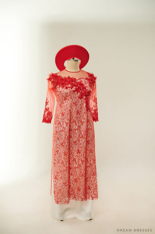 Red Lace Bridal Ao Dai | Lace Vietnamese Traditional Bridal Dress (#MAYLIN) - Dream Dresses by P.M.N.
