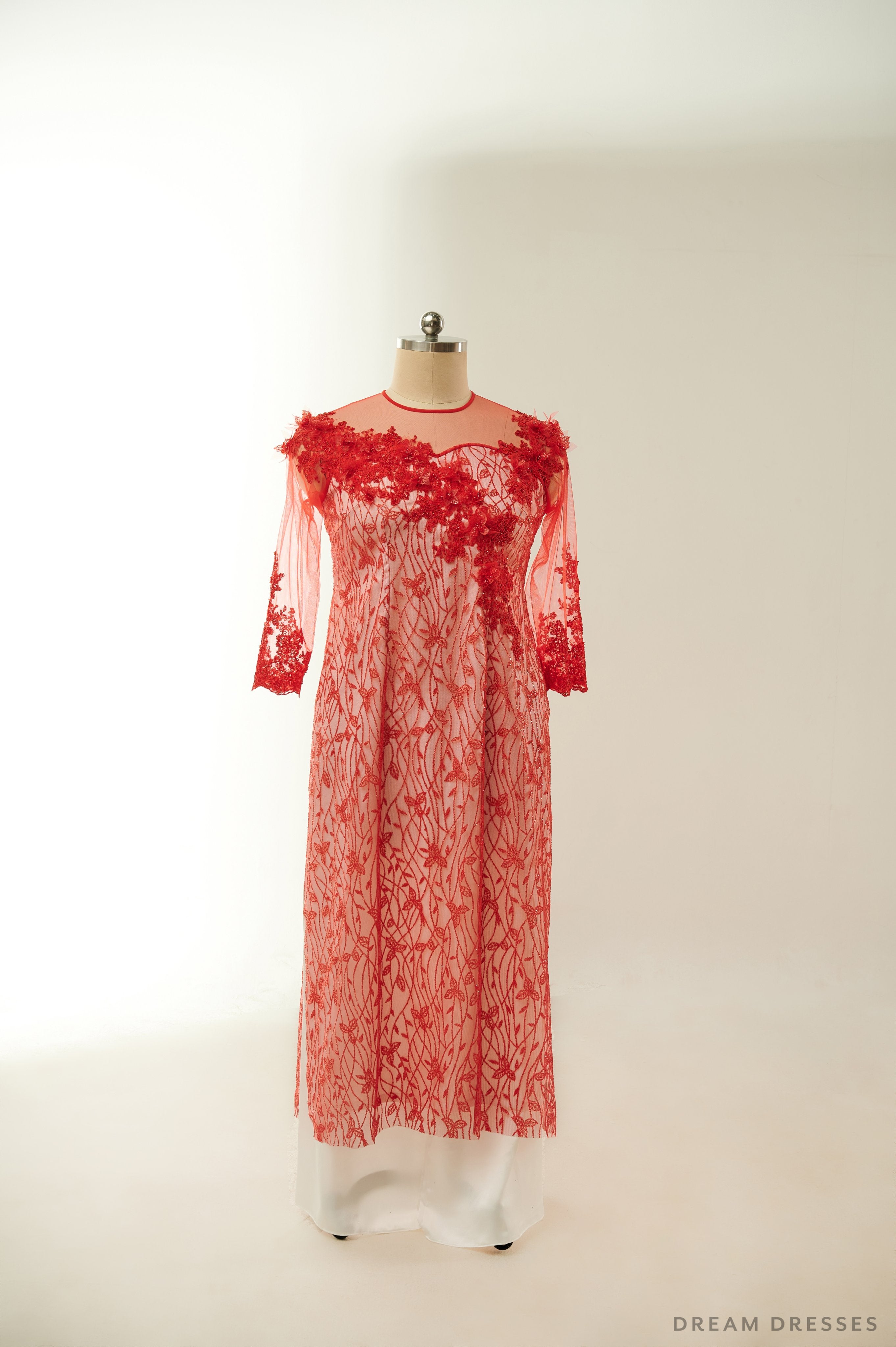 Red Lace Bridal Ao Dai | Lace Vietnamese Traditional Bridal Dress (#MAYLIN)