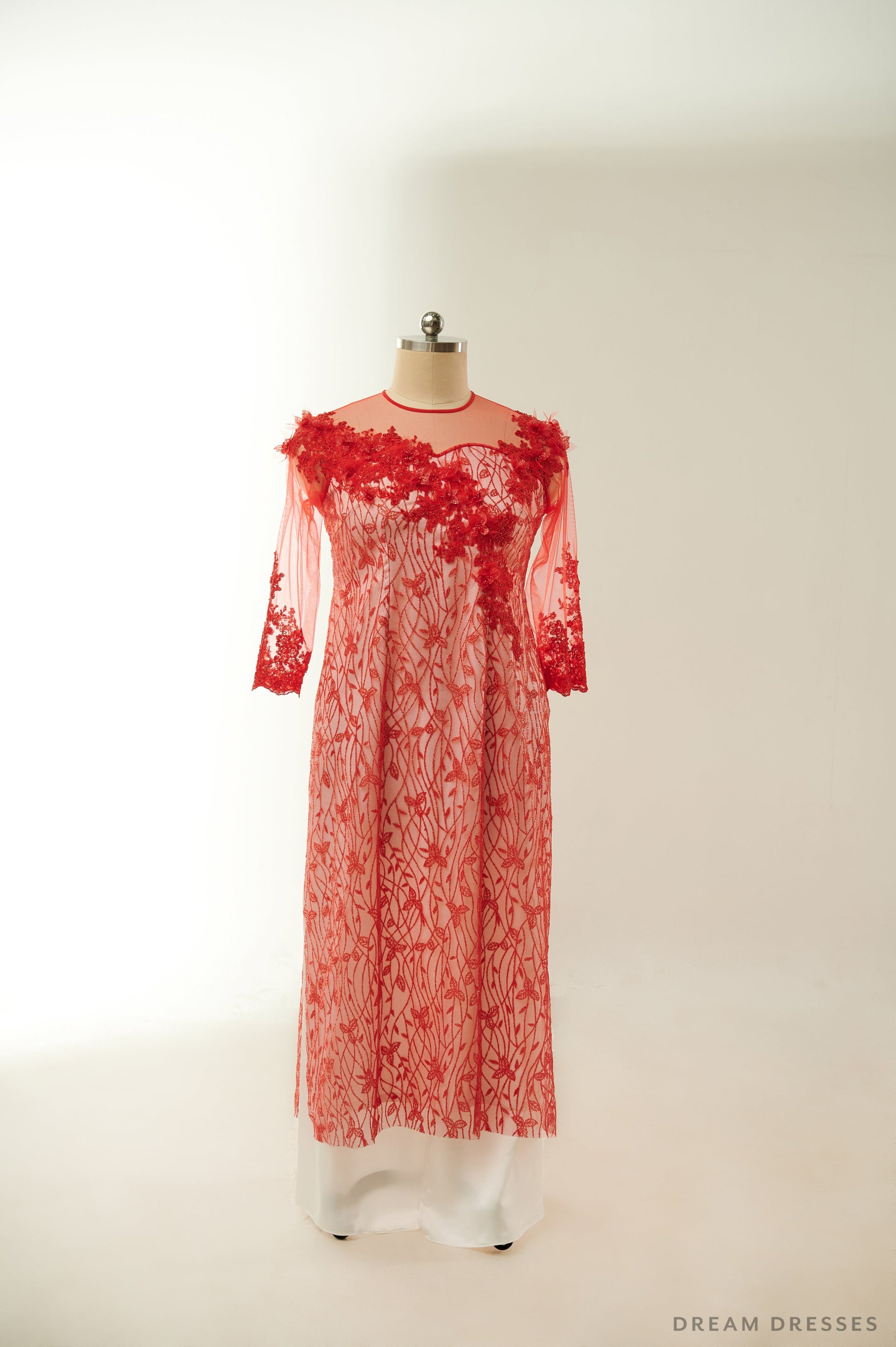 Red Lace Bridal Ao Dai | Lace Vietnamese Traditional Bridal Dress (#MAYLIN) - Dream Dresses by P.M.N.