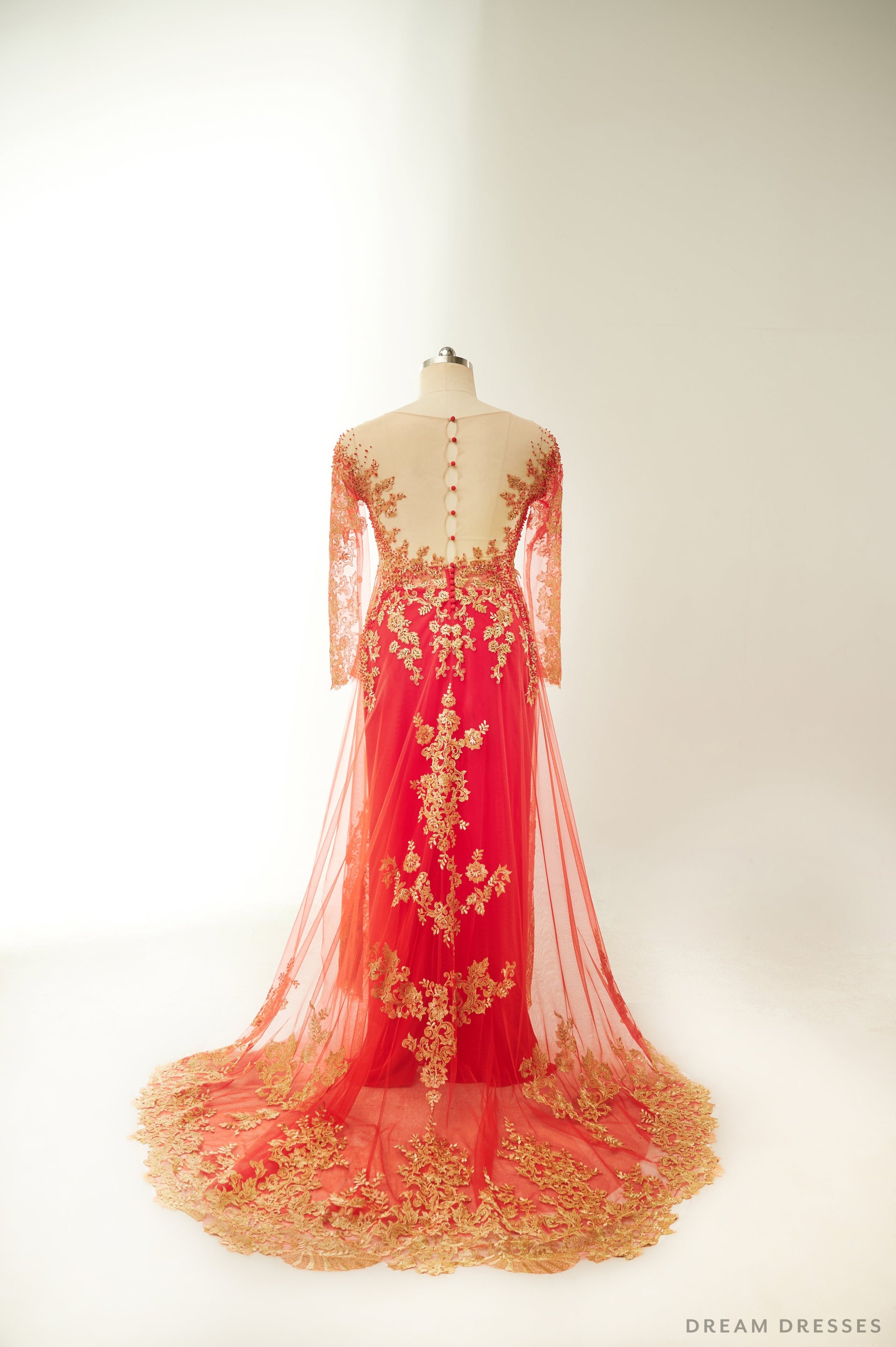 Red Bridal Ao Dai with Gold Lace | Vietnamese Bridal Dress (#FIORELLA) - Dream Dresses by P.M.N.