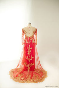 Red Bridal Ao Dai with Gold Lace | Vietnamese Bridal Dress (#FIORELLA) - Dream Dresses by P.M.N.