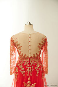 Red Bridal Ao Dai with Gold Lace | Vietnamese Bridal Dress (#FIORELLA) - Dream Dresses by P.M.N.