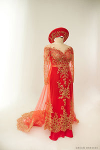 Red Bridal Ao Dai with Gold Lace | Vietnamese Bridal Dress (#FIORELLA) - Dream Dresses by P.M.N.