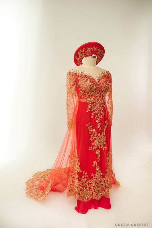 Red Bridal Ao Dai with Gold Lace | Vietnamese Bridal Dress (#FIORELLA) - Dream Dresses by P.M.N.