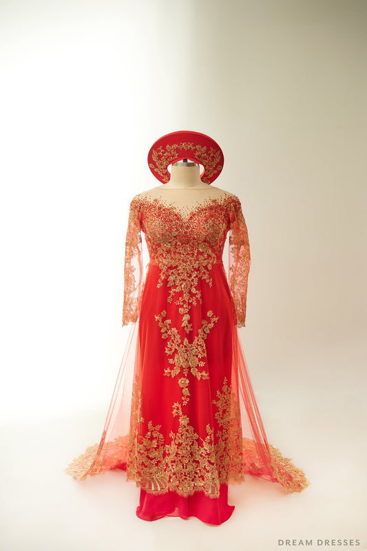 Red Bridal Ao Dai with Gold Lace | Vietnamese Bridal Dress (#FIORELLA) - Dream Dresses by P.M.N.