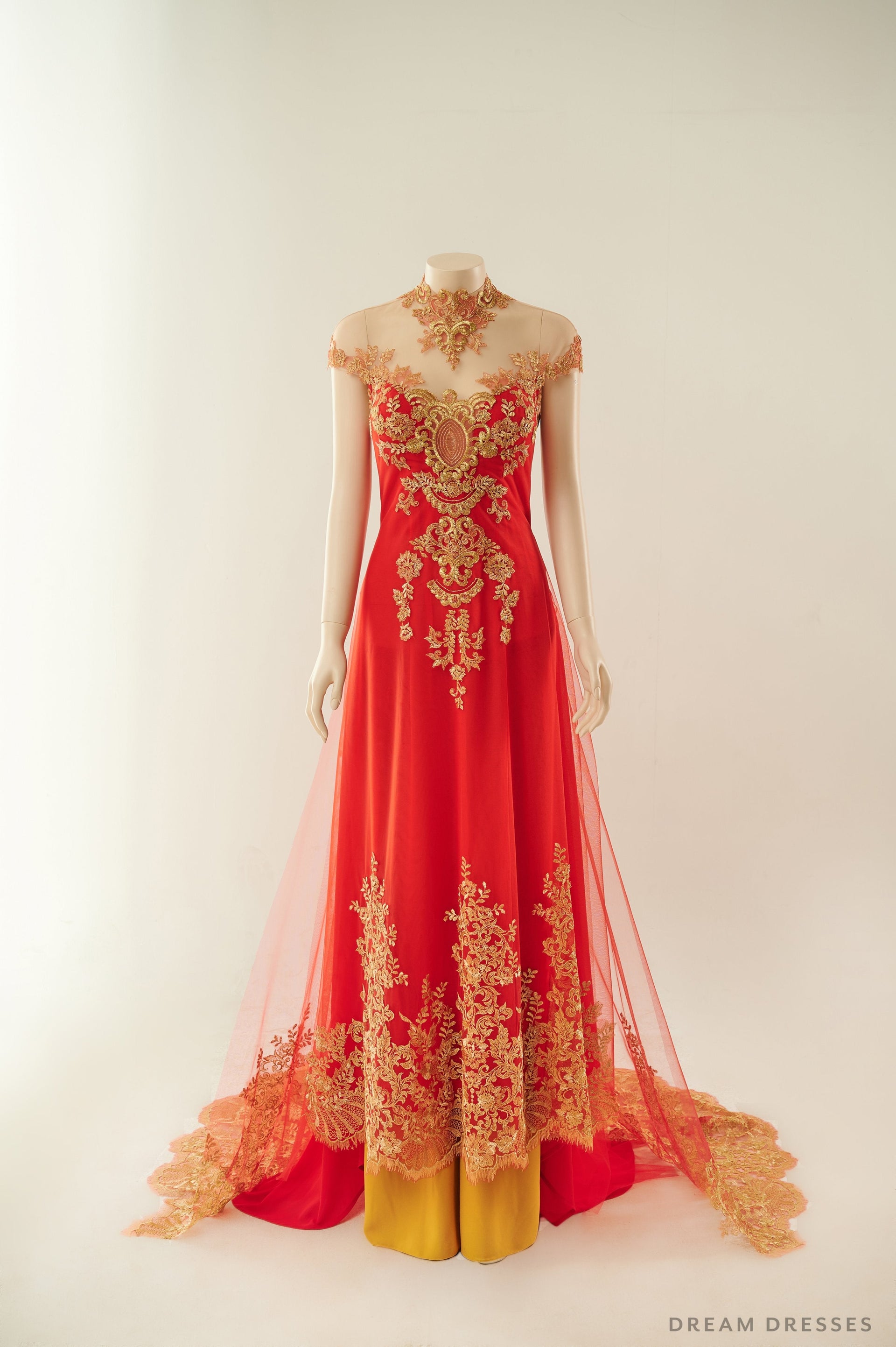 Red Bridal Ao Dai with Gold Lace | Vietnamese Bridal Dress (#ALESSIA) - Dream Dresses by P.M.N.