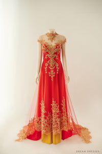 Red Bridal Ao Dai with Gold Lace | Vietnamese Bridal Dress (#ALESSIA) - Dream Dresses by P.M.N.