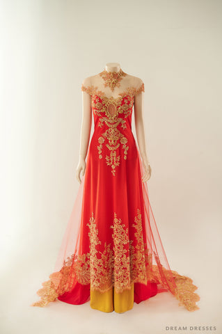 Red Bridal Ao Dai with Gold Lace | Vietnamese Bridal Dress (#ALESSIA)