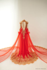 Red Bridal Ao Dai with Gold Lace | Vietnamese Bridal Dress (#ALESSIA) - Dream Dresses by P.M.N.