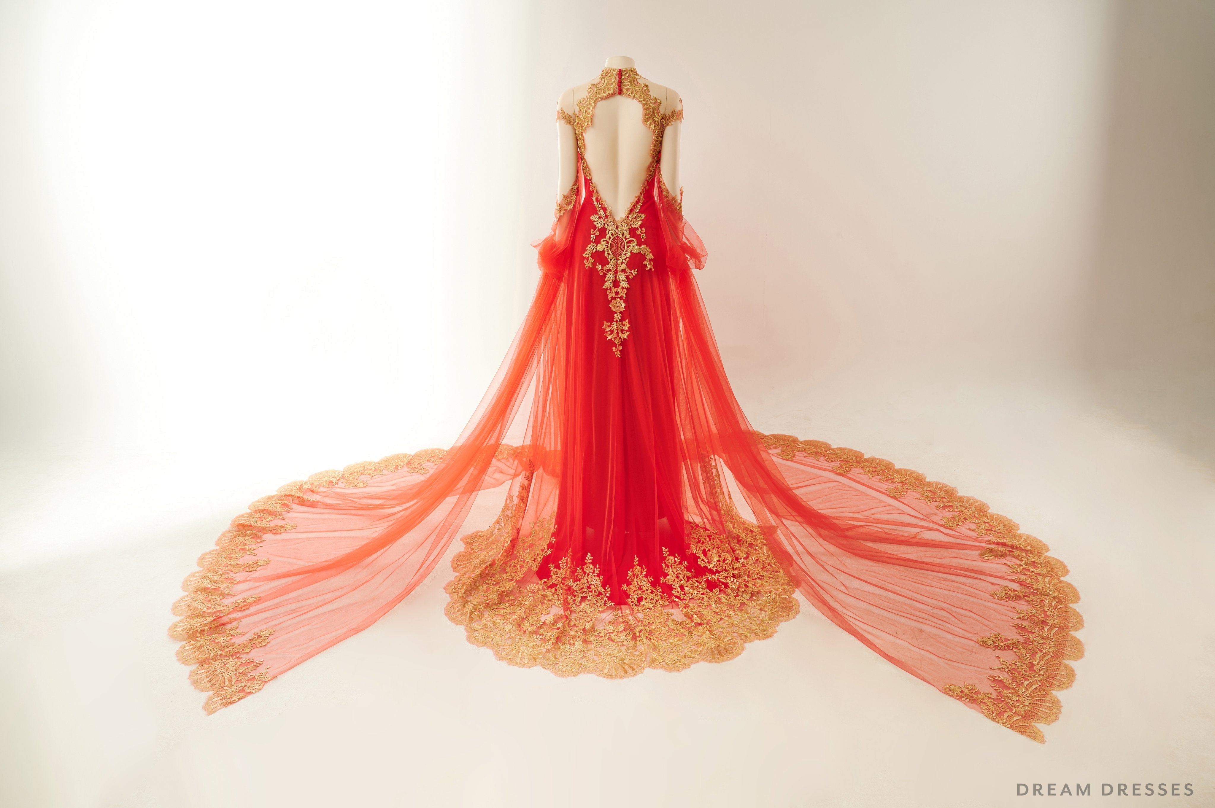 Red Bridal Ao Dai with Gold Lace | Vietnamese Bridal Dress (#ALESSIA)