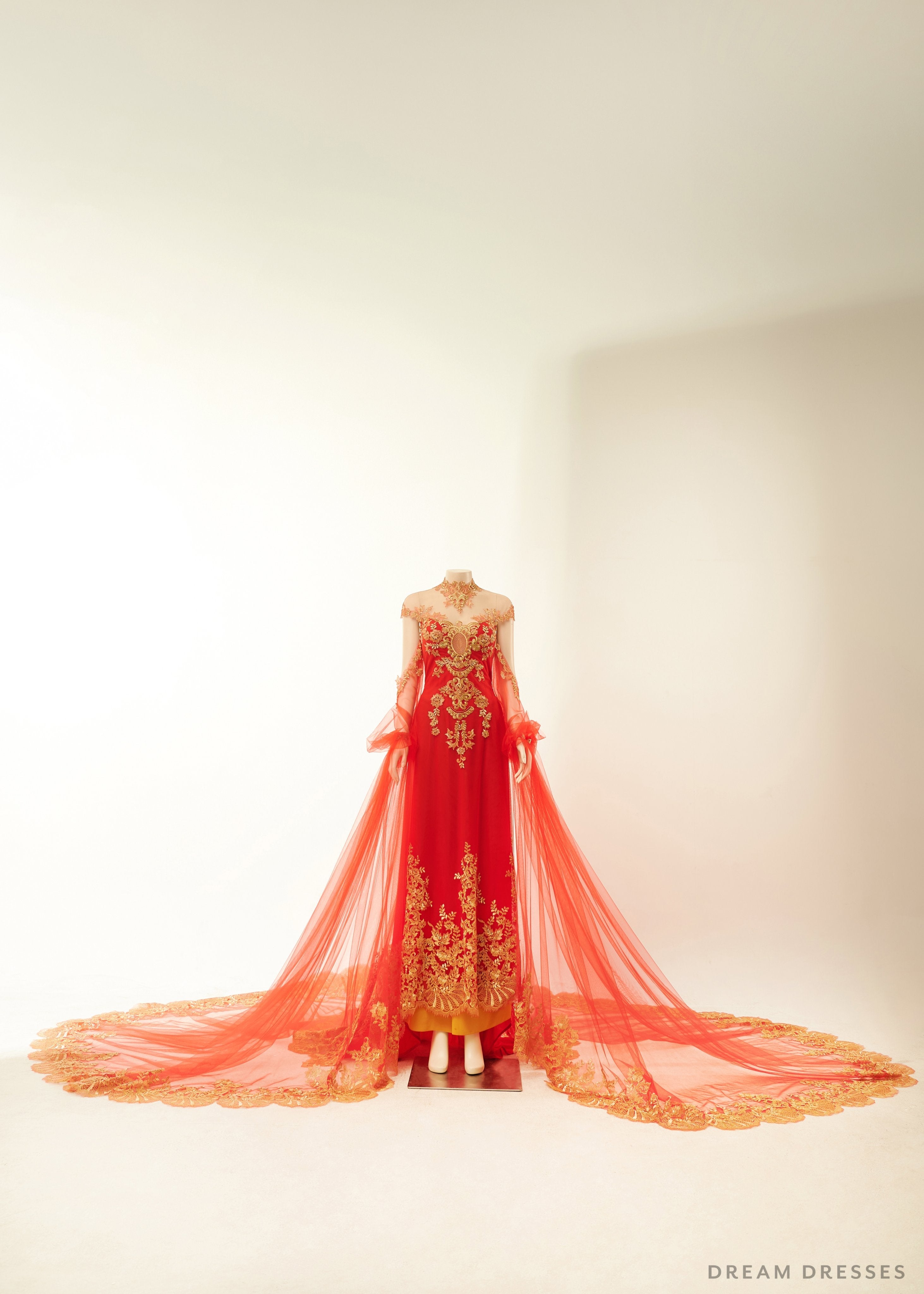 Red Bridal Ao Dai with Gold Lace | Vietnamese Bridal Dress (#ALESSIA)