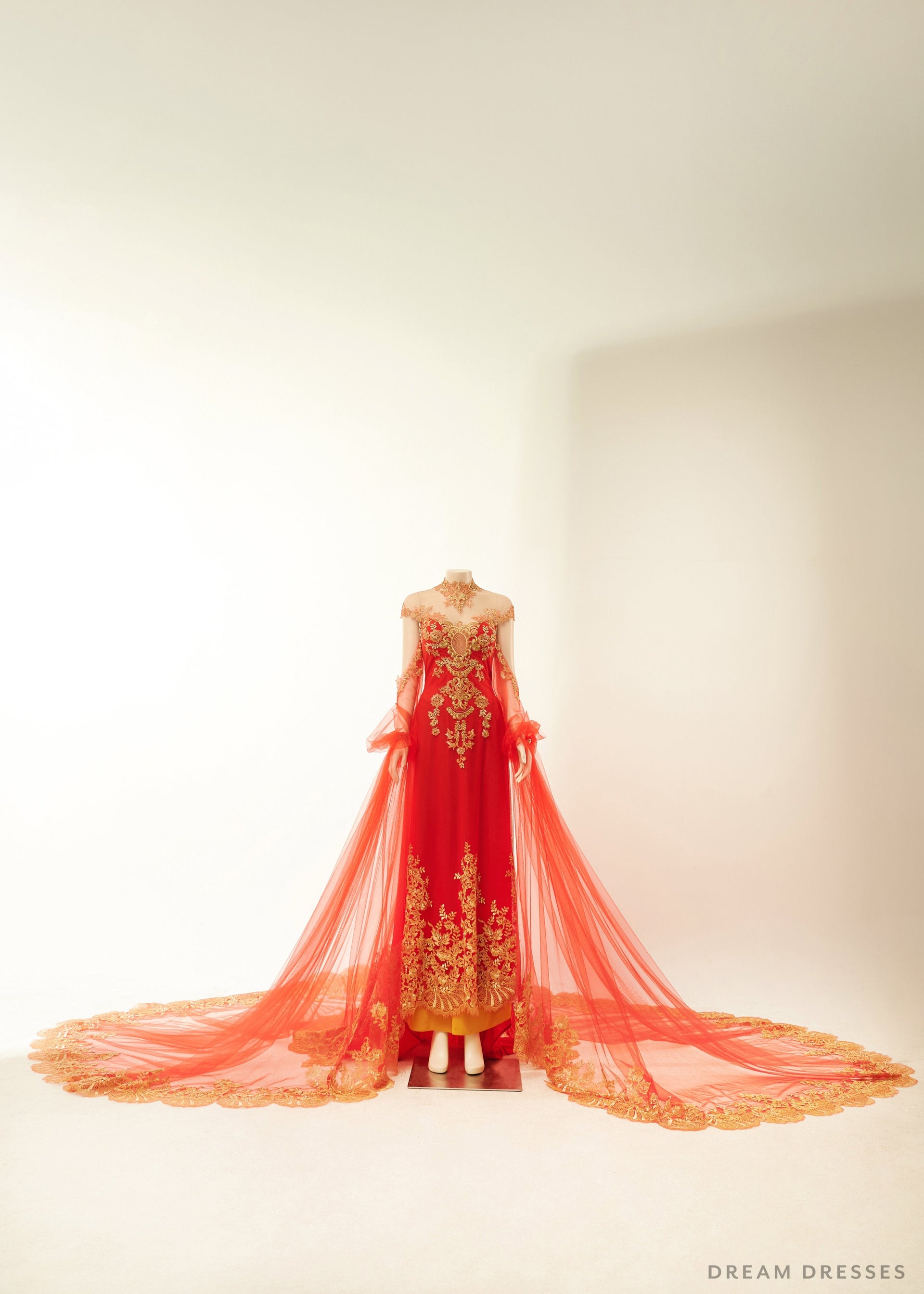 Red Bridal Ao Dai with Gold Lace | Vietnamese Bridal Dress (#ALESSIA) - Dream Dresses by P.M.N.