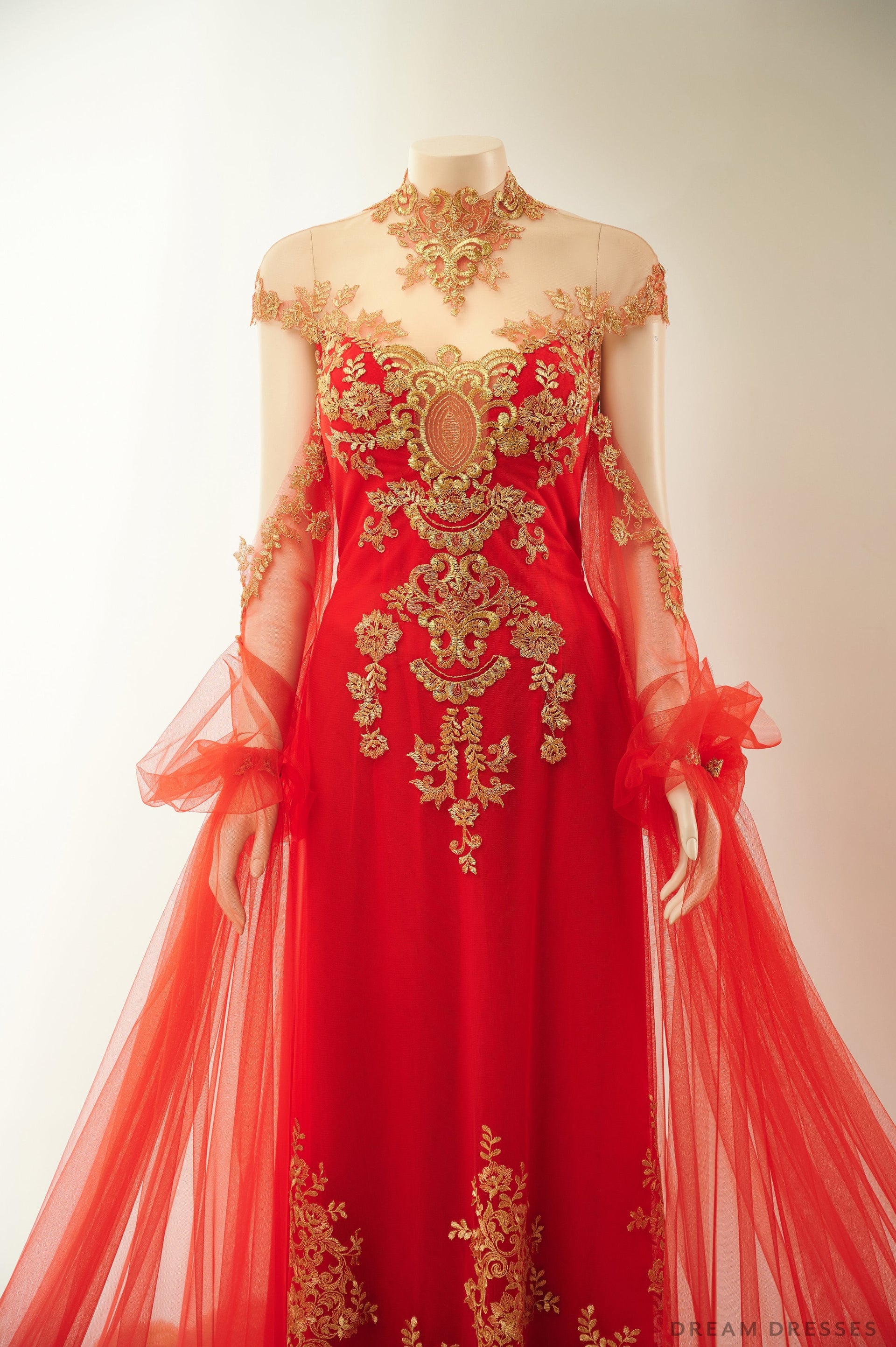 Red Bridal Ao Dai with Gold Lace | Vietnamese Bridal Dress (#ALESSIA) - Dream Dresses by P.M.N.