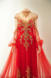 Red Bridal Ao Dai with Gold Lace | Vietnamese Bridal Dress (#ALESSIA) - Dream Dresses by P.M.N.