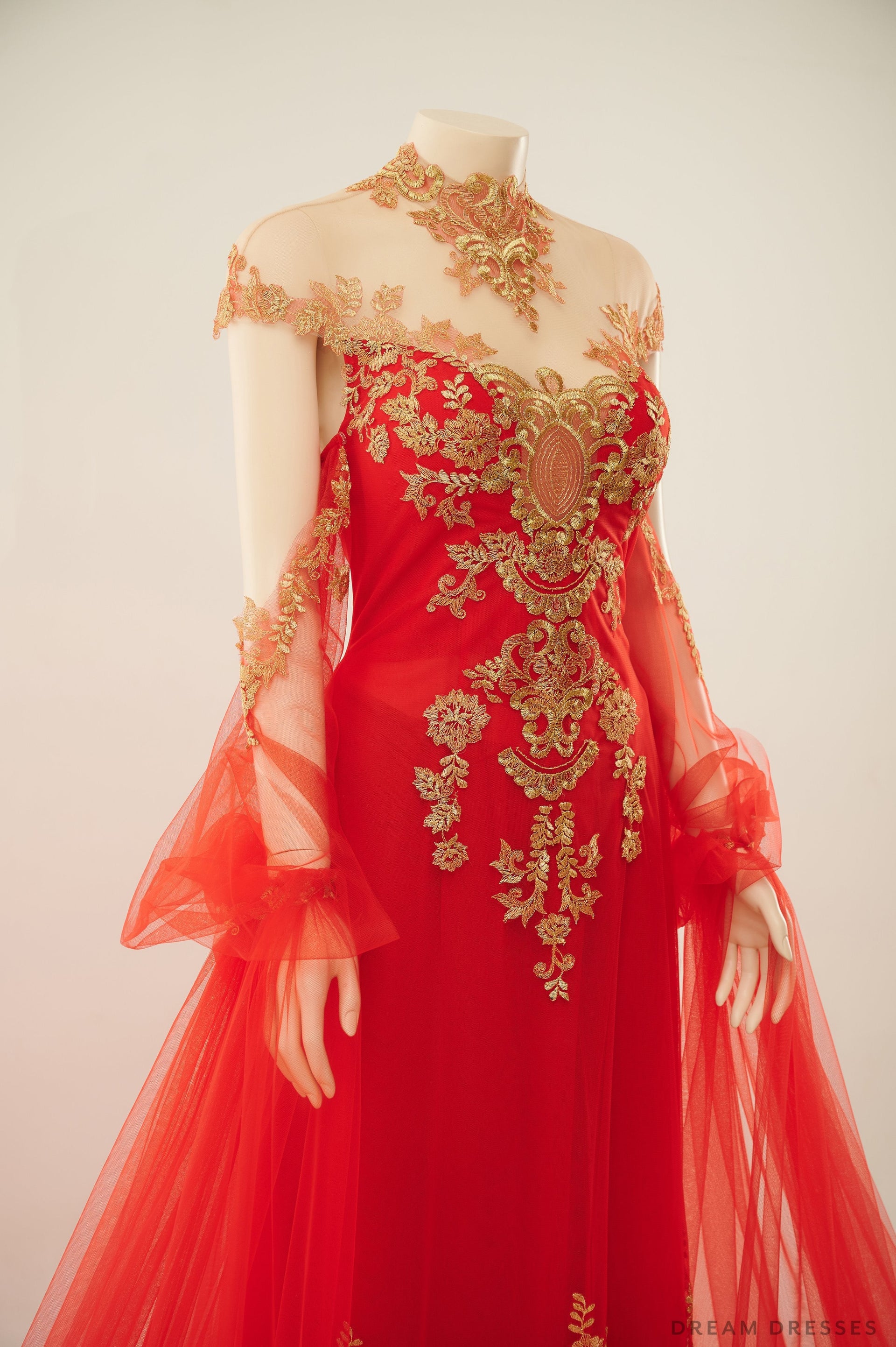 Red Bridal Ao Dai with Gold Lace | Vietnamese Bridal Dress (#ALESSIA) - Dream Dresses by P.M.N.