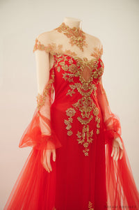 Red Bridal Ao Dai with Gold Lace | Vietnamese Bridal Dress (#ALESSIA) - Dream Dresses by P.M.N.