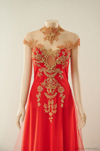 Red Bridal Ao Dai with Gold Lace | Vietnamese Bridal Dress (#ALESSIA) - Dream Dresses by P.M.N.