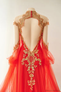 Red Bridal Ao Dai with Gold Lace | Vietnamese Bridal Dress (#ALESSIA) - Dream Dresses by P.M.N.