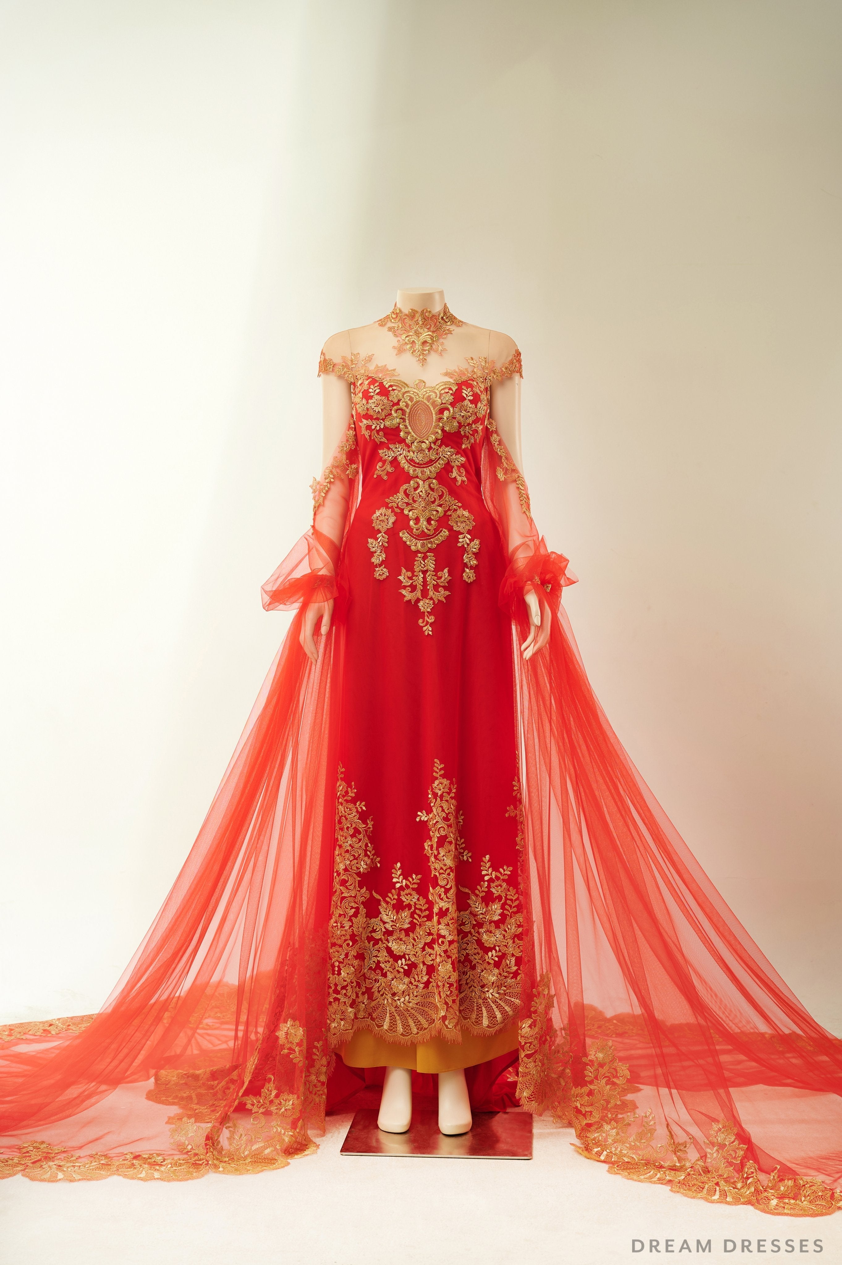 Red Bridal Ao Dai with Gold Lace | Vietnamese Bridal Dress (#ALESSIA)