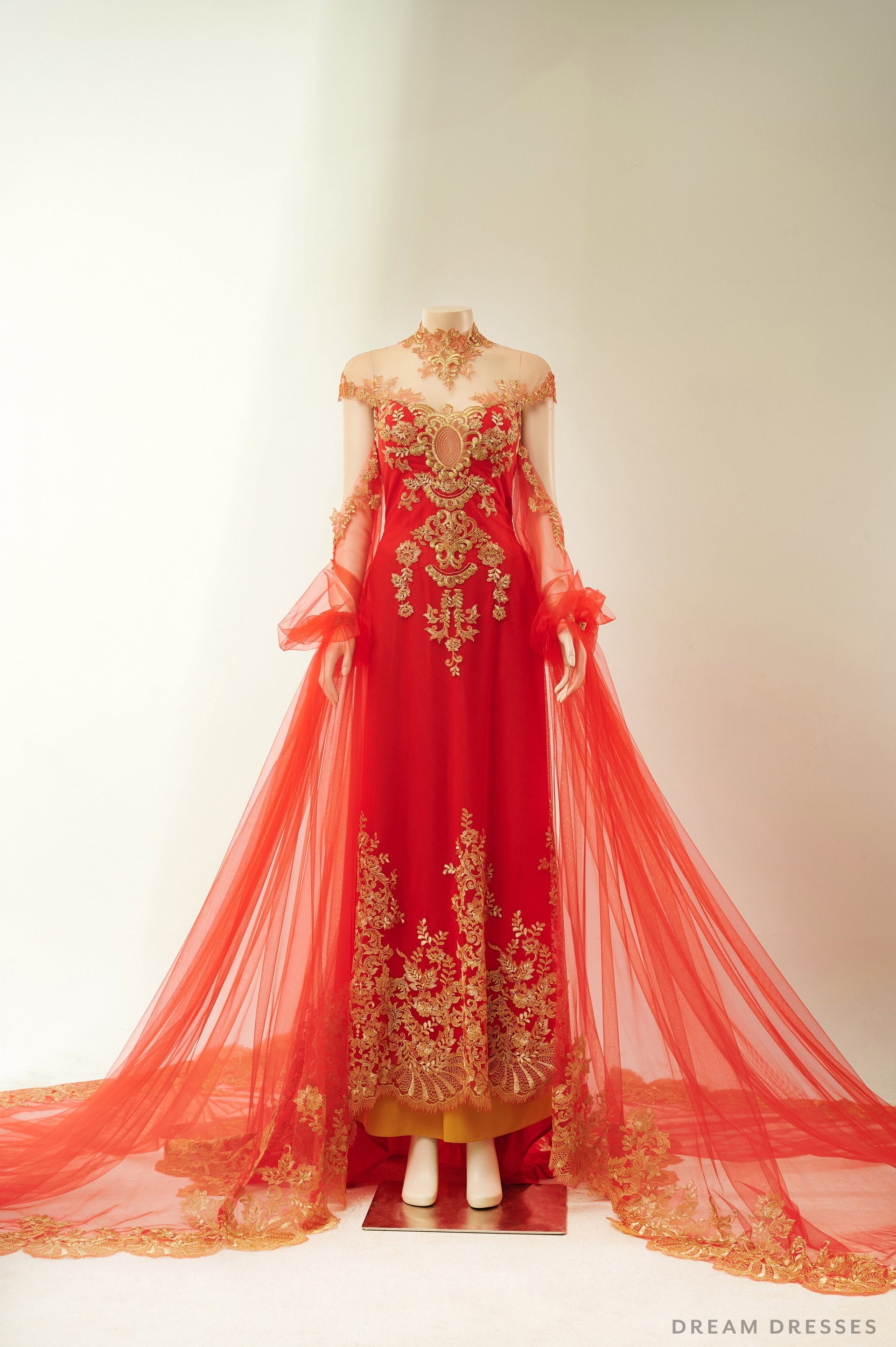 Red Bridal Ao Dai with Gold Lace | Vietnamese Bridal Dress (#ALESSIA) - Dream Dresses by P.M.N.