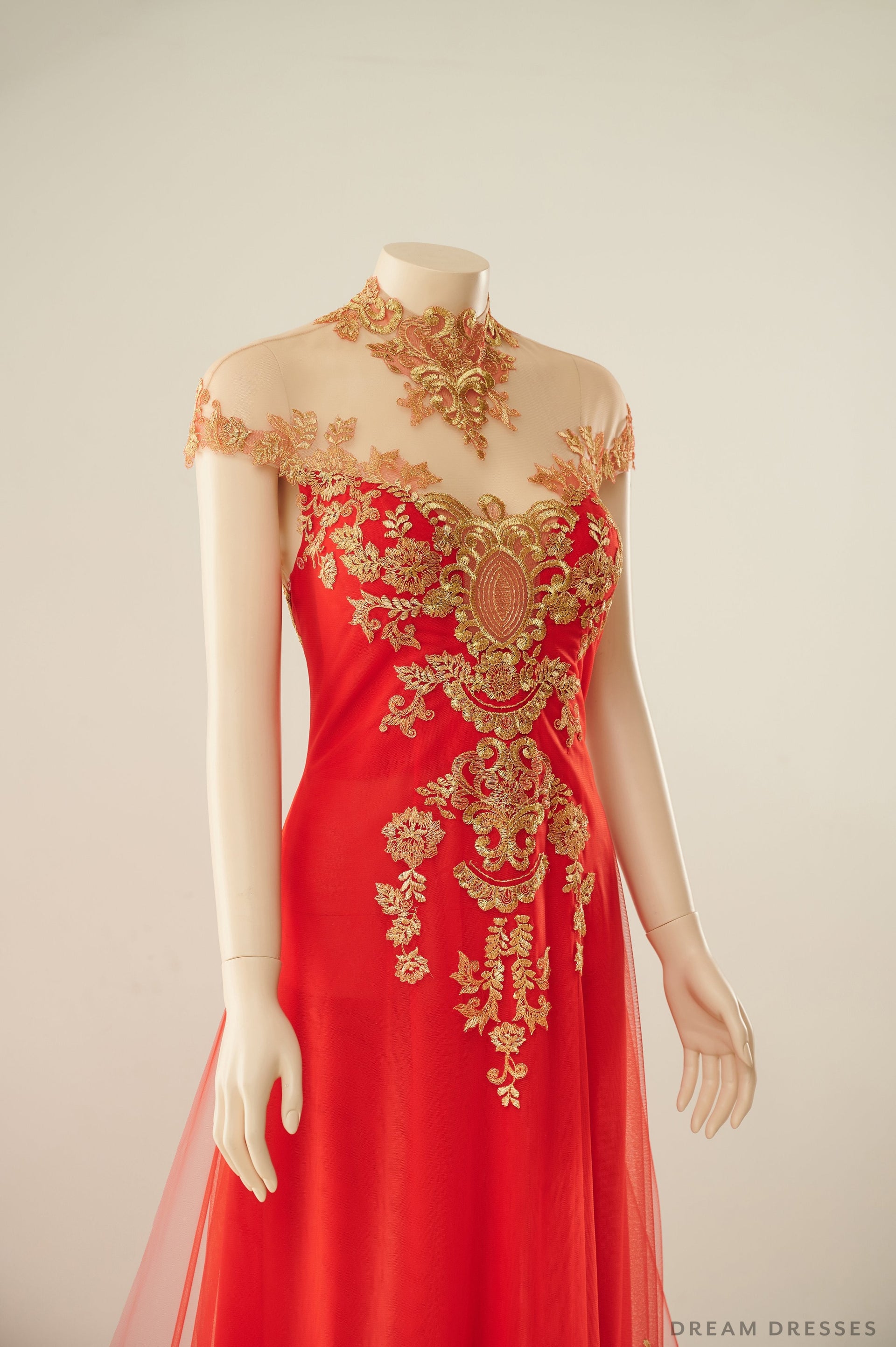 Red Bridal Ao Dai with Gold Lace | Vietnamese Bridal Dress (#ALESSIA) - Dream Dresses by P.M.N.