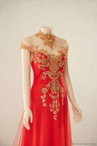 Red Bridal Ao Dai with Gold Lace | Vietnamese Bridal Dress (#ALESSIA) - Dream Dresses by P.M.N.