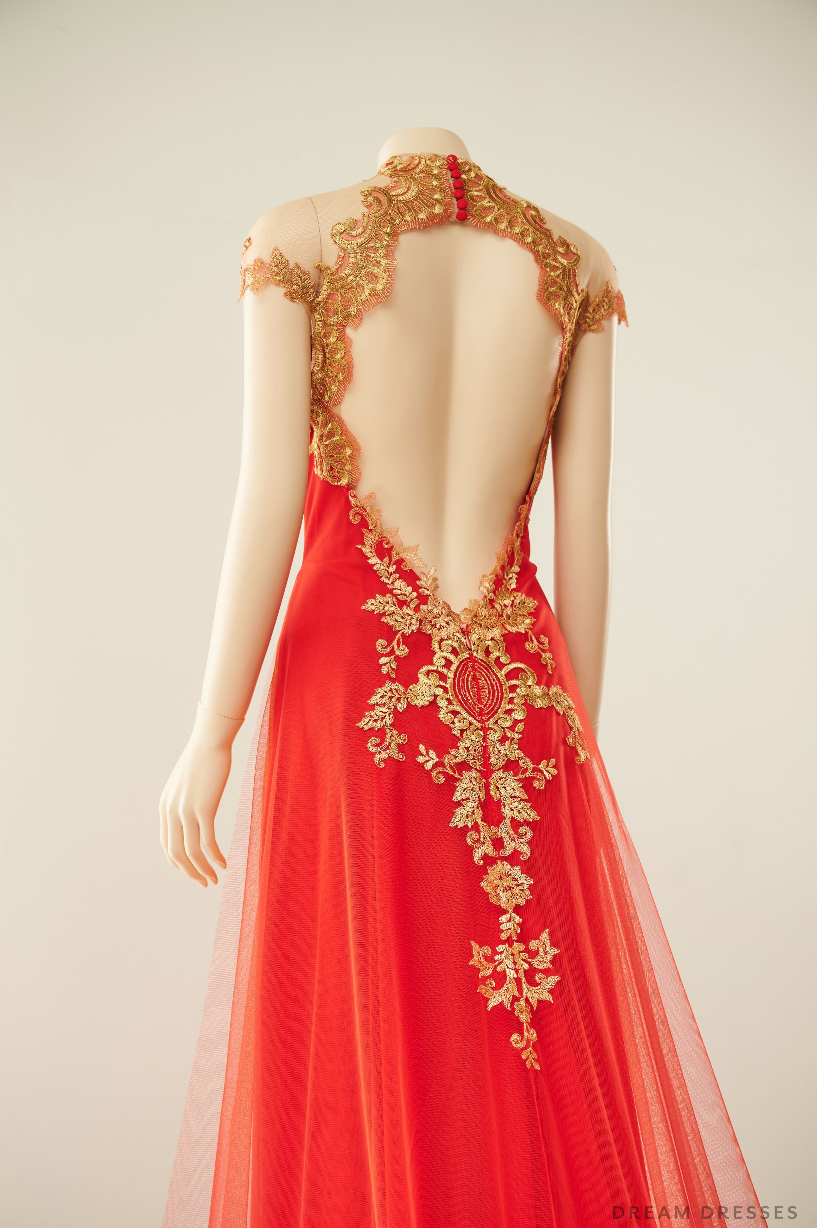 Red Bridal Ao Dai with Gold Lace | Vietnamese Bridal Dress (#ALESSIA)