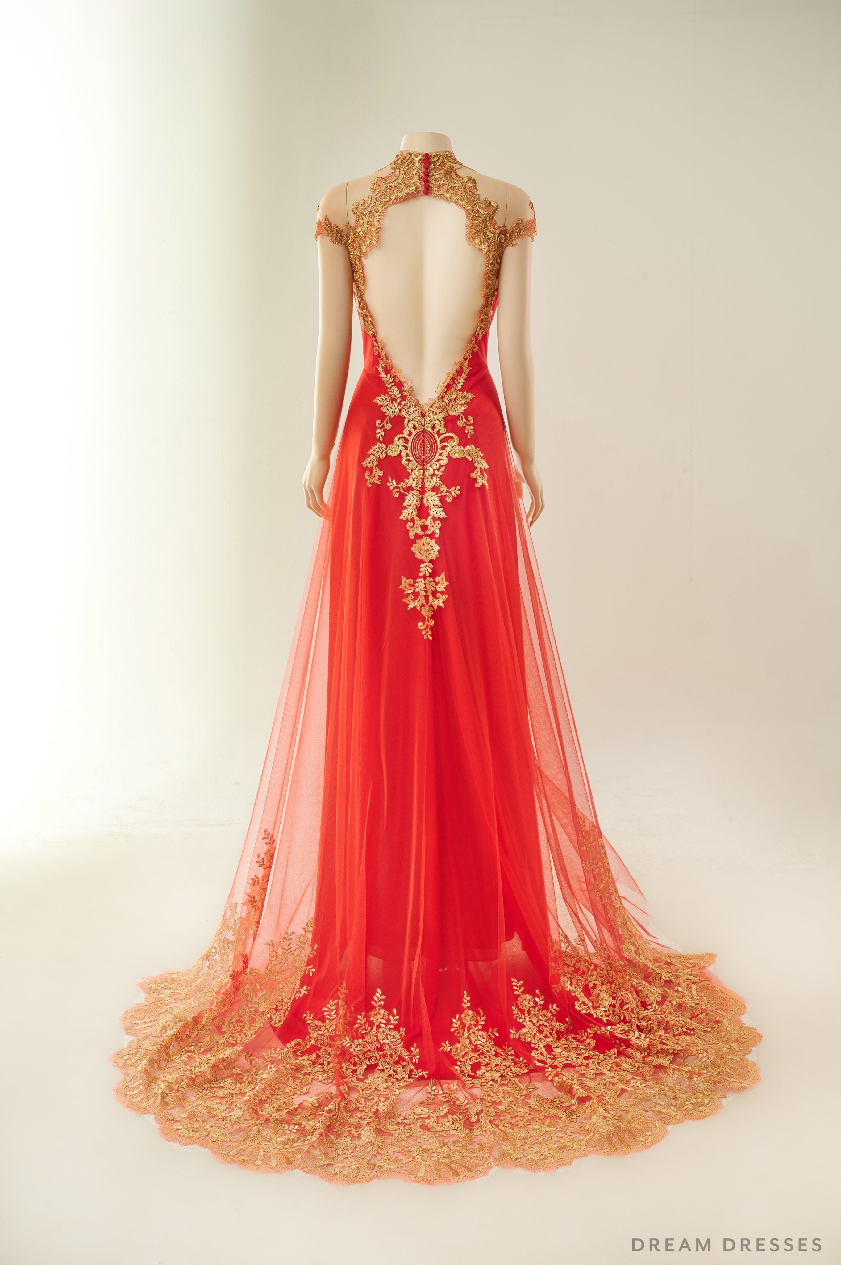 Red Bridal Ao Dai with Gold Lace | Vietnamese Bridal Dress (#ALESSIA)