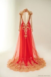 Red Bridal Ao Dai with Gold Lace | Vietnamese Bridal Dress (#ALESSIA) - Dream Dresses by P.M.N.